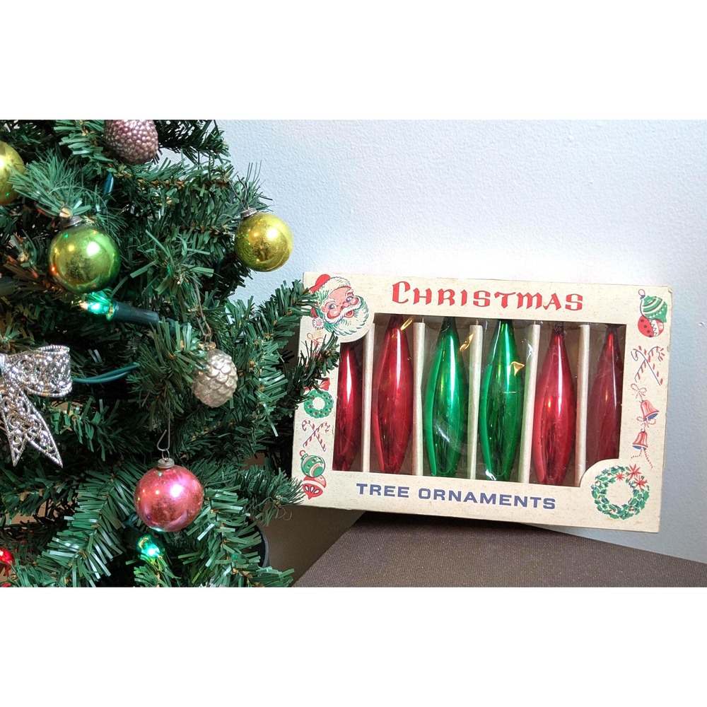 Vintage Mercury Glass Icicle Ornaments Set of 6 with Original Box | Red & Green